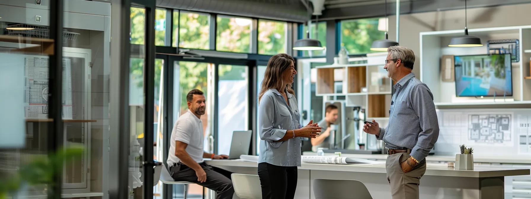 a modern office environment showcases a professional consultation, where an expert discusses advanced waterproofing solutions with a homeowner, highlighting blueprints and high-tech equipment designed to combat basement water damage in fort wayne's challenging climate.