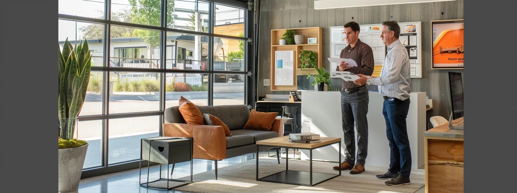 a modern, well-lit office space showcases a professional consulting session, featuring a confident contractor presenting a detailed waterproofing plan to attentive homeowners, emphasizing the importance of basement protection against fort wayne's climate challenges.