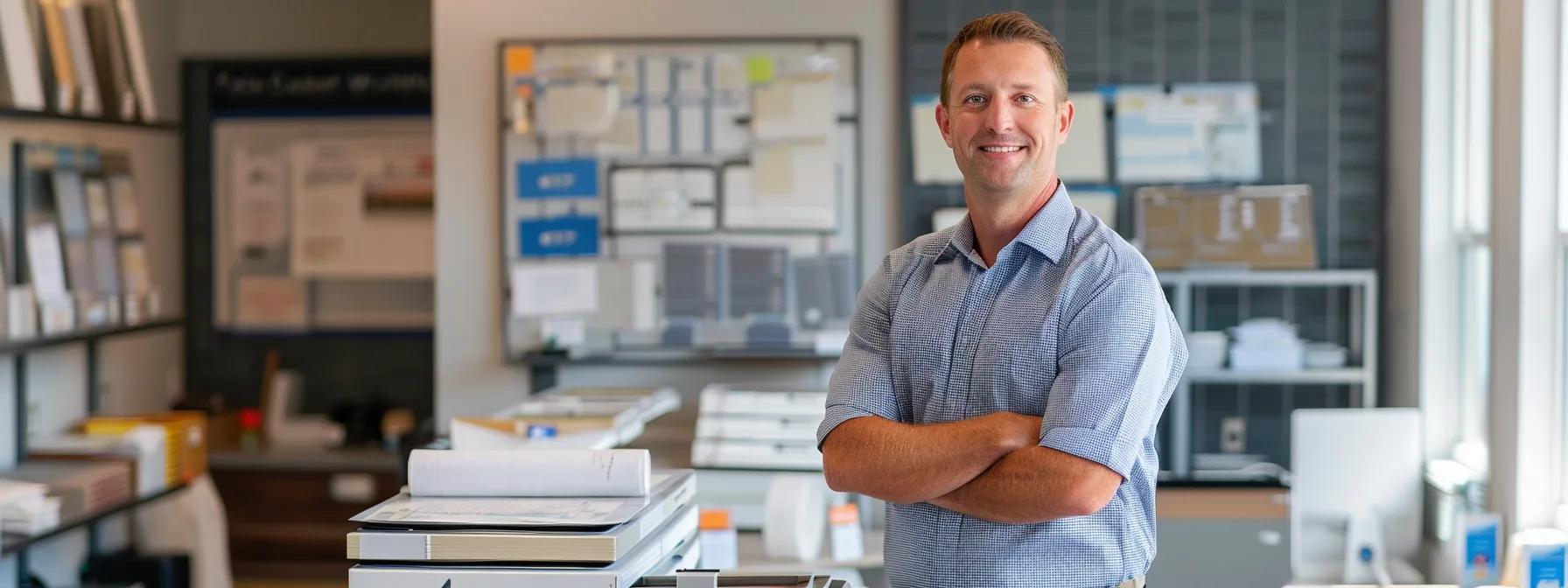 a professional waterproofing expert stands confidently in a well-lit, modern office, surrounded by samples of durable waterproofing materials and weather charts, highlighting the importance of specialized solutions for fort wayne's unpredictable climate.