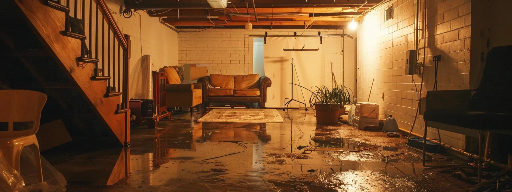 a stark, well-lit interior of a basement in fort wayne, showcasing visible moisture damage and cracked walls, with schematics of climate patterns and soil types projected on the surrounding surfaces to illustrate the connection between local climate and common basement issues.