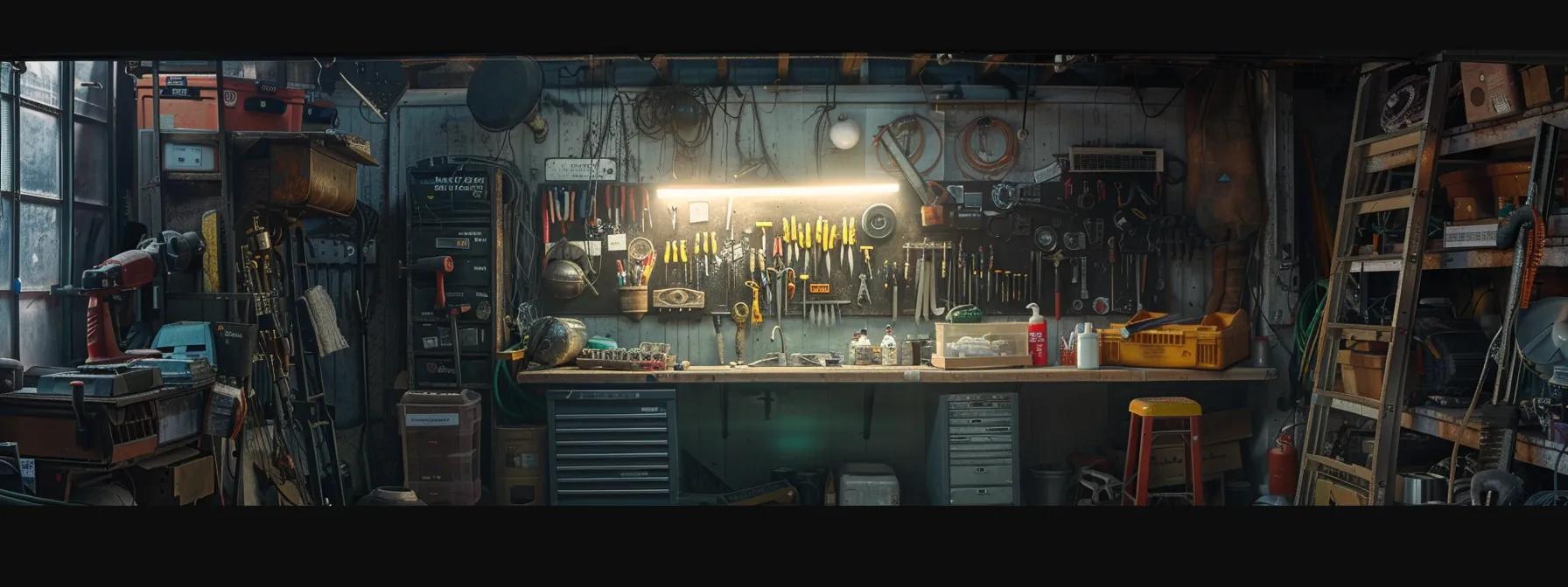 a well-lit, organized basement workshop showcases various protective tools and materials neatly arranged, emphasizing proactive techniques for safeguarding against climate challenges in fort wayne homes.