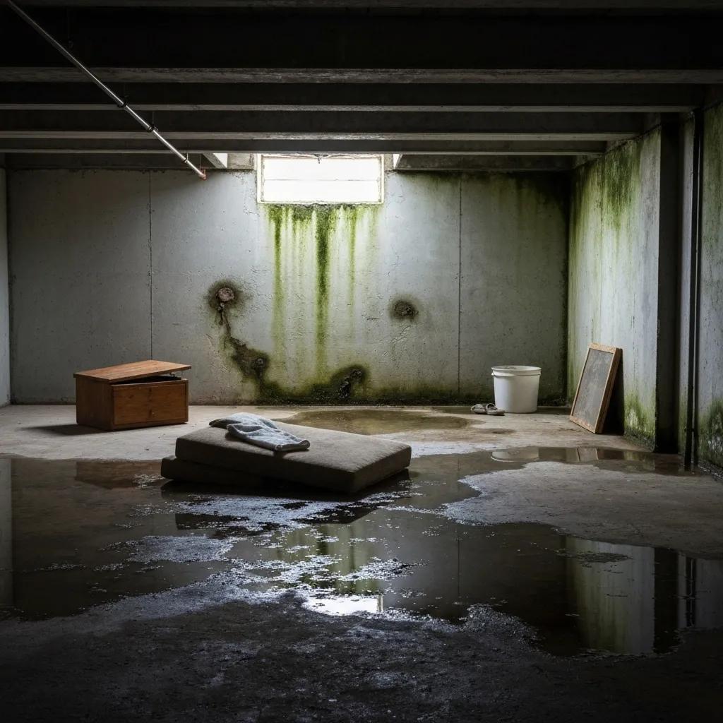 Flooded basement showing water damage and mold growth, highlighting the risks of foundation leaks